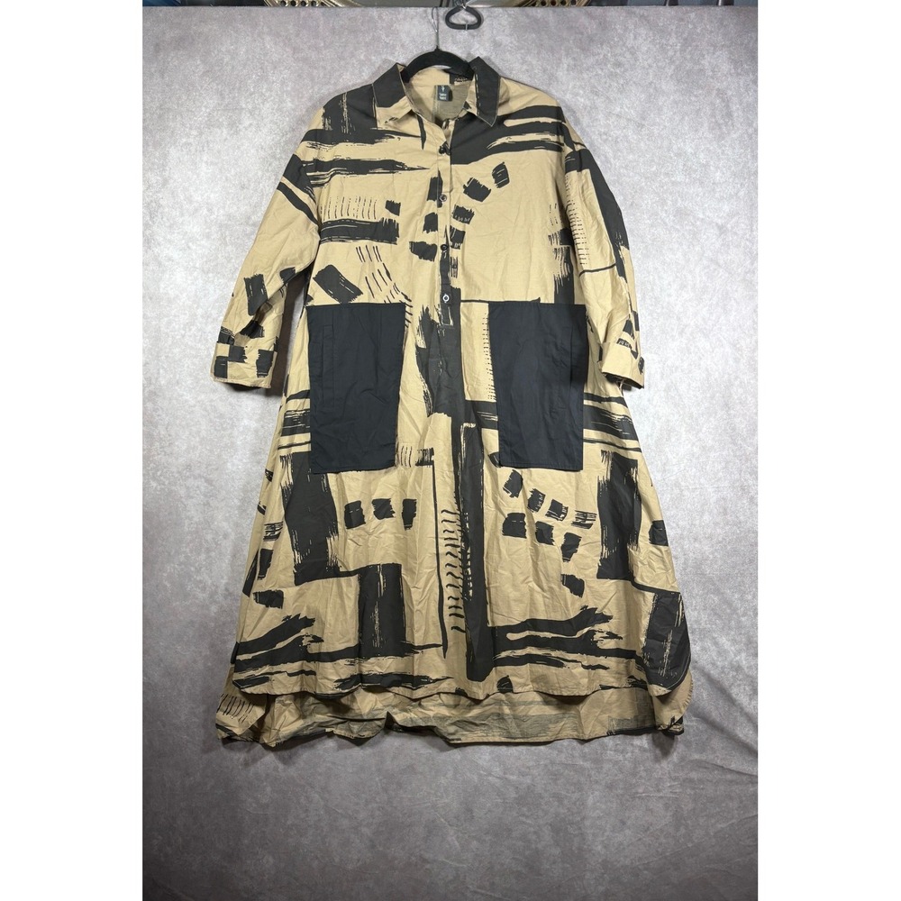 Simply Vanite Shirt Dress Women OS Tan Black Abstract Print Midi Pockets Cotton